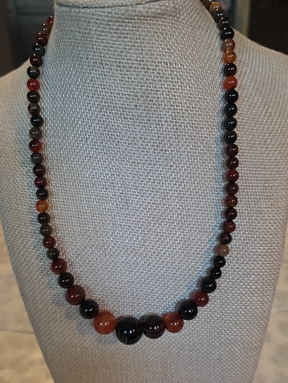 Natural Dream Agate Beaded Necklace 16" Graduated Carnelian Black Onyx Stone